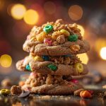 Close-up of a crumbl cookie made with Lucky Charms cereal, showing colorful marshmallows and golden-brown edges.