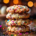 Close-up of a colorful Birthday Cake Cookie with sprinkles and white chocolate chips.