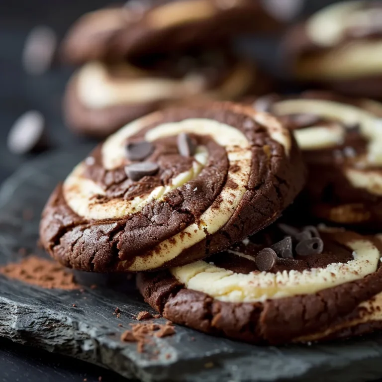 Close-up of chocolate marshmallow swirl cookies with a soft, warm glow.
