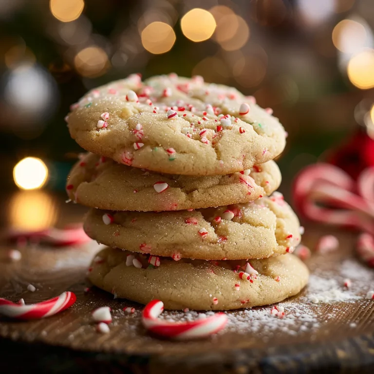 Close-up of peppermint sugar cookies on a rustic plate with crushed candy canes sprinkled on top.