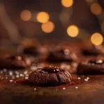 Close-up of a chocolate thumbprint cookie with a chocolate filling, showcasing its soft texture.