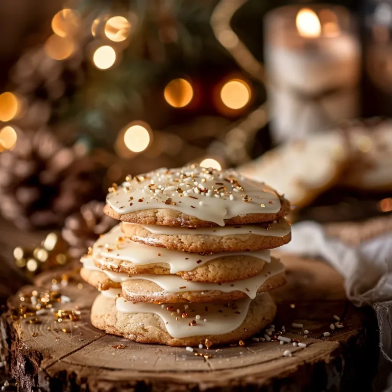 A close-up view of beautifully decorated all-white Christmas cookies on a wooden table.