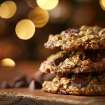 Close-up of soft dark chocolate chunk oatmeal cookies with a warm, inviting glow.