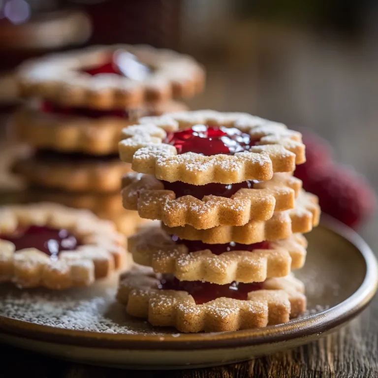 Close-up of Shortbread Linzer Cookies filled with raspberry jam, showcasing their delicate texture.