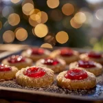 Close-up of Christmas Thumbprint Cookies with colorful jam centers and a sprinkle decoration.
