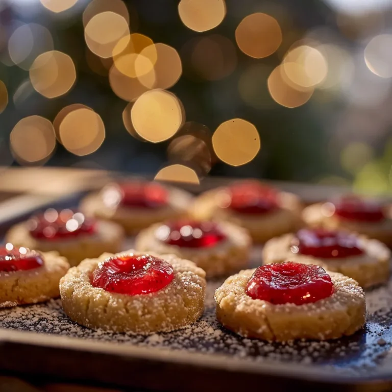 Close-up of Christmas Thumbprint Cookies with colorful jam centers and a sprinkle decoration.