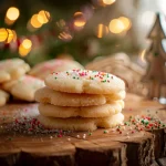 Close-up of decorated Christmas Sugar Cookies on a wooden table with a cozy background.