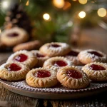 A close-up of Christmas Thumbprint Cookies with jam filling, showcasing a soft texture.