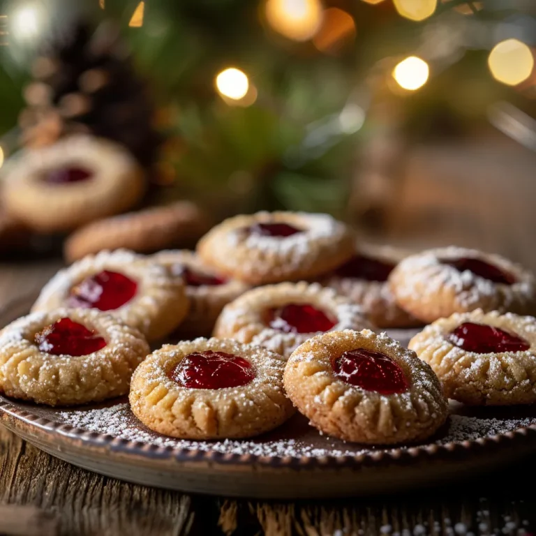 A close-up of Christmas Thumbprint Cookies with jam filling, showcasing a soft texture.