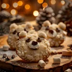 Close-up of decorated Polar Bear Cookies with buttercream frosting, chocolate chip eyes, and marshmallow ears.