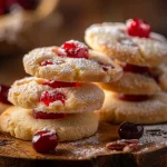 Close-up of Maraschino Cherry Shortbread Cookies with red and green sprinkles.