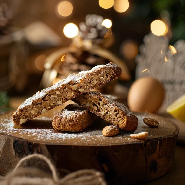 A close-up of Biscotti di Natale showcasing a golden-brown texture and almond pieces.