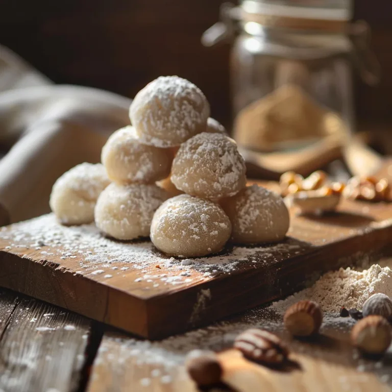 Close-up of Russian Tea Cakes dusted with powdered sugar on a wooden table.
