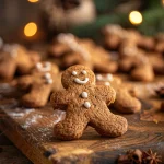 Close-up of soft and chewy gingerbread men cookies with warm lighting.