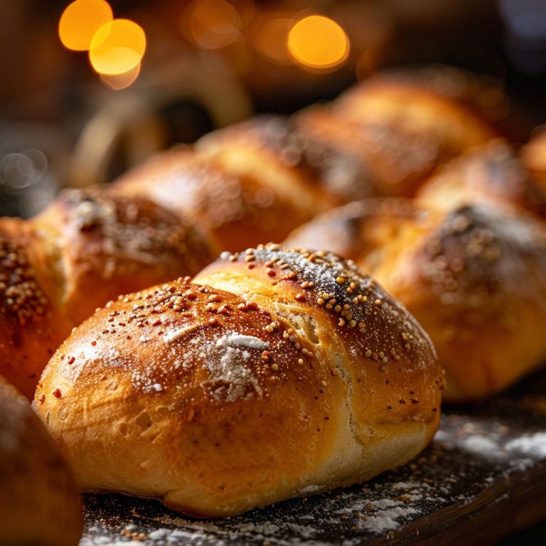 A close-up of various types of freshly baked breads displayed on a wooden surface.