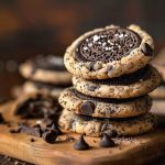Close-up of a stack of Copycat Crumbl Oreo Cookies, showcasing their rich texture and chocolate chips.