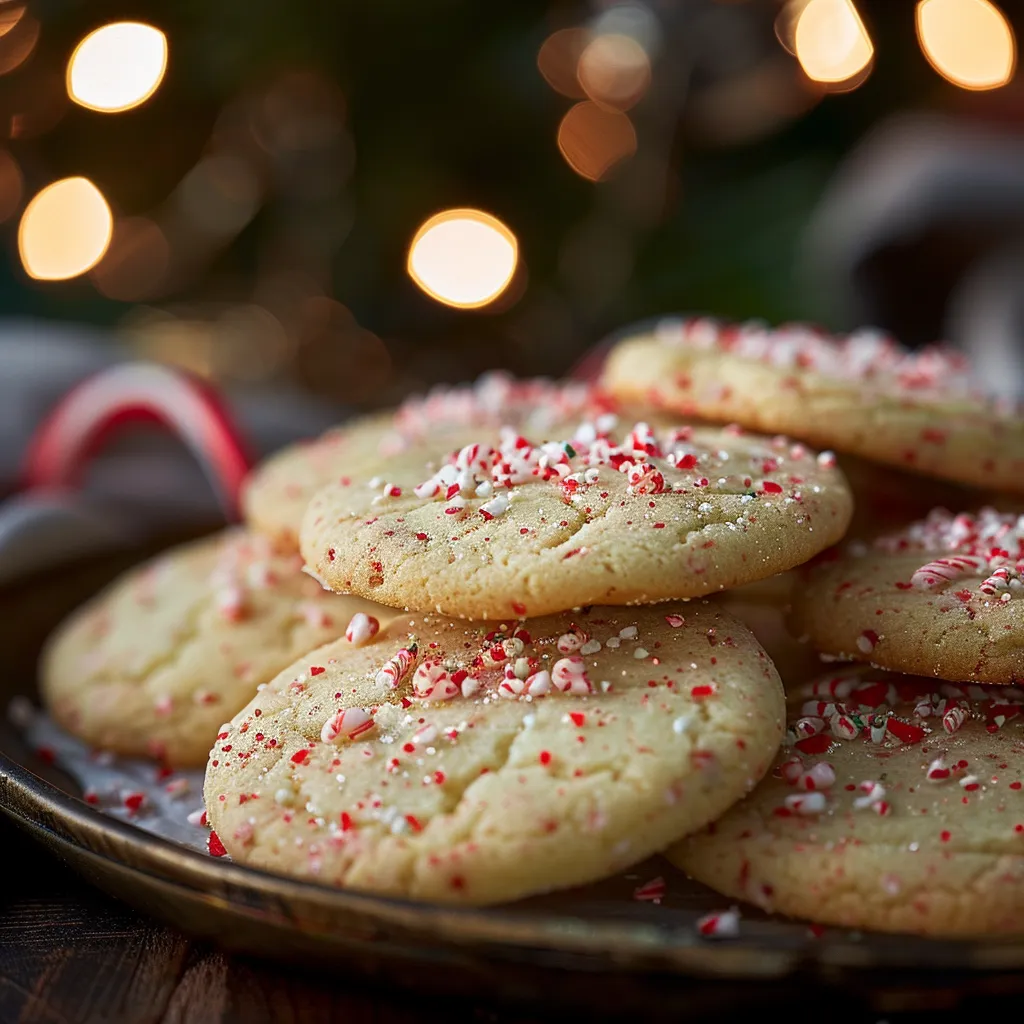 Eye-level shot of Christmas-themed sugar cookies decorated with peppermint pieces, surrounded by soft, blurred holiday decor.