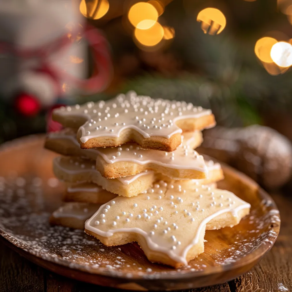 Mouthwatering Christmas cookies with royal icing and white sprinkles, arranged on a cozy backdrop.