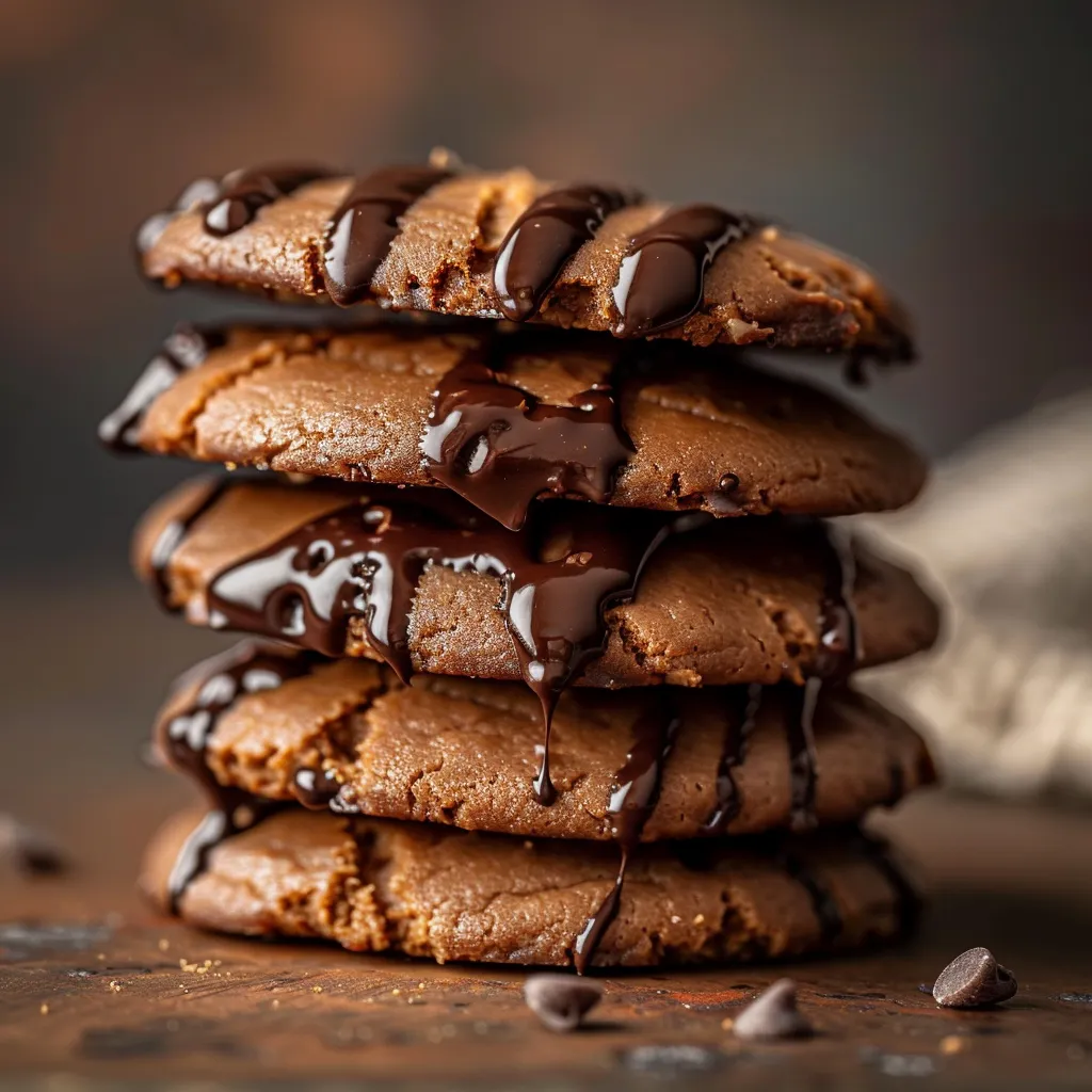 A stack of peanut butter cookies elegantly coated in melted chocolate, showcasing rich colors and textures.