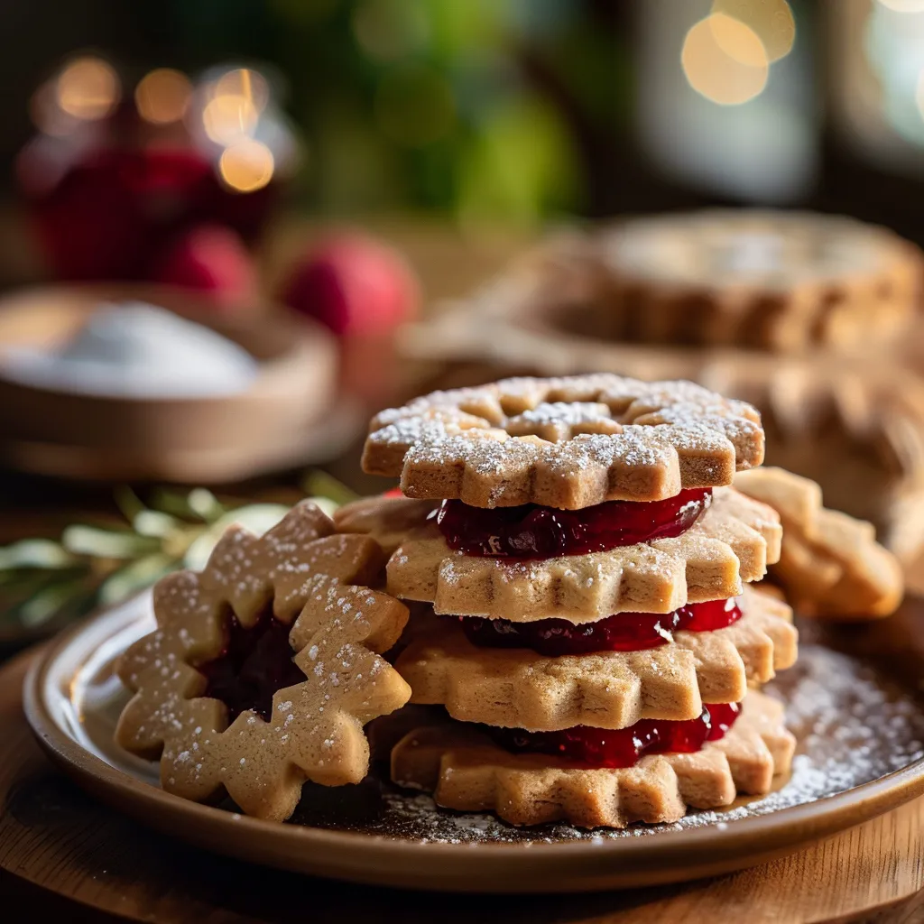 Eye-level view of beautiful Shortbread Linzer Cookies, featuring a layer of raspberry jam and dusted with powdered sugar.