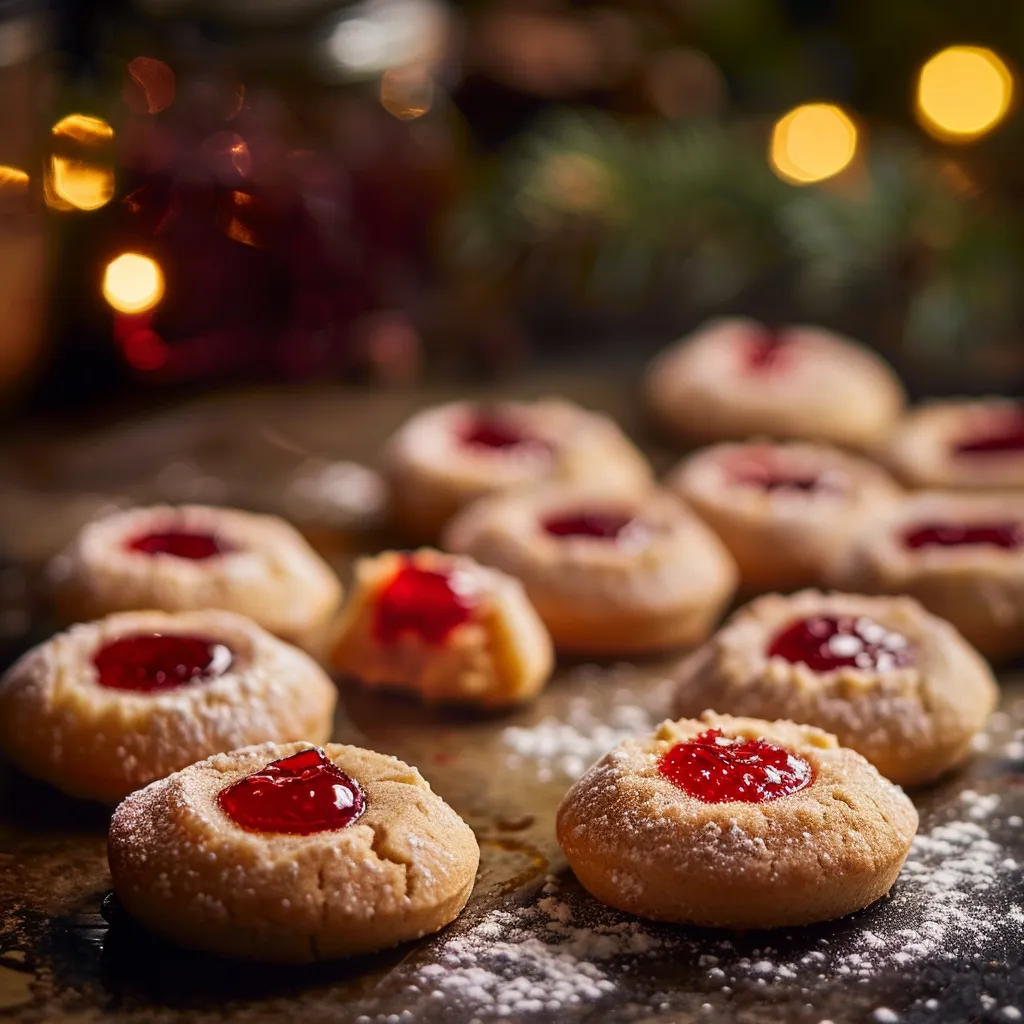 Deliciously styled Christmas Thumbprint Cookies on a blurred background, showing rich textures and warm tones.