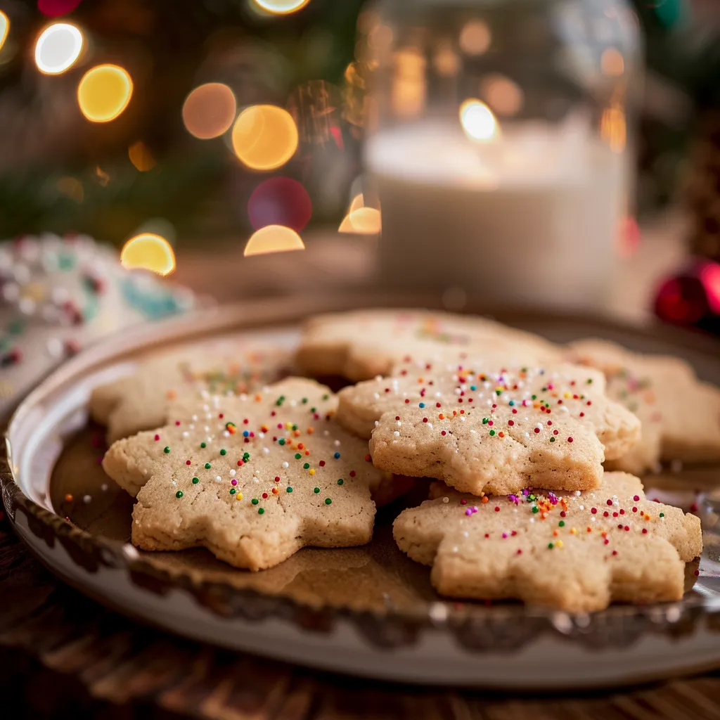 Beautifully textured Christmas Sugar Cookies displayed with colorful sprinkles, shot in soft natural light.