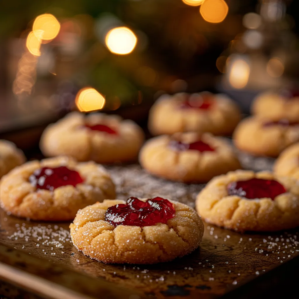 Delightful thumbprint cookies decorated with colorful jam, presented on a soft background.