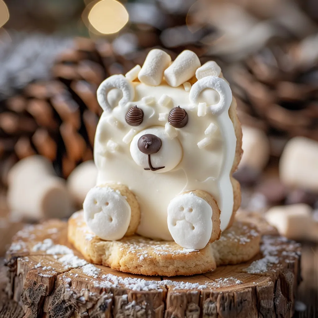 Adorable Polar Bear Cookies with a creamy white frosting, showcasing chocolate chips and mini marshmallows.
