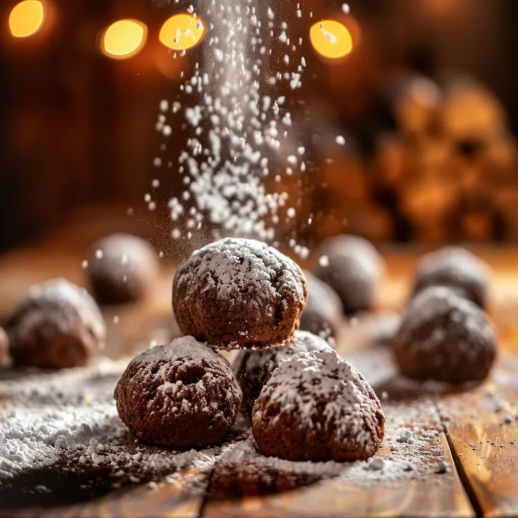 A plate of Chocolate Snowball Cookies, featuring a rich cocoa color and a snowy white powdered sugar coating.