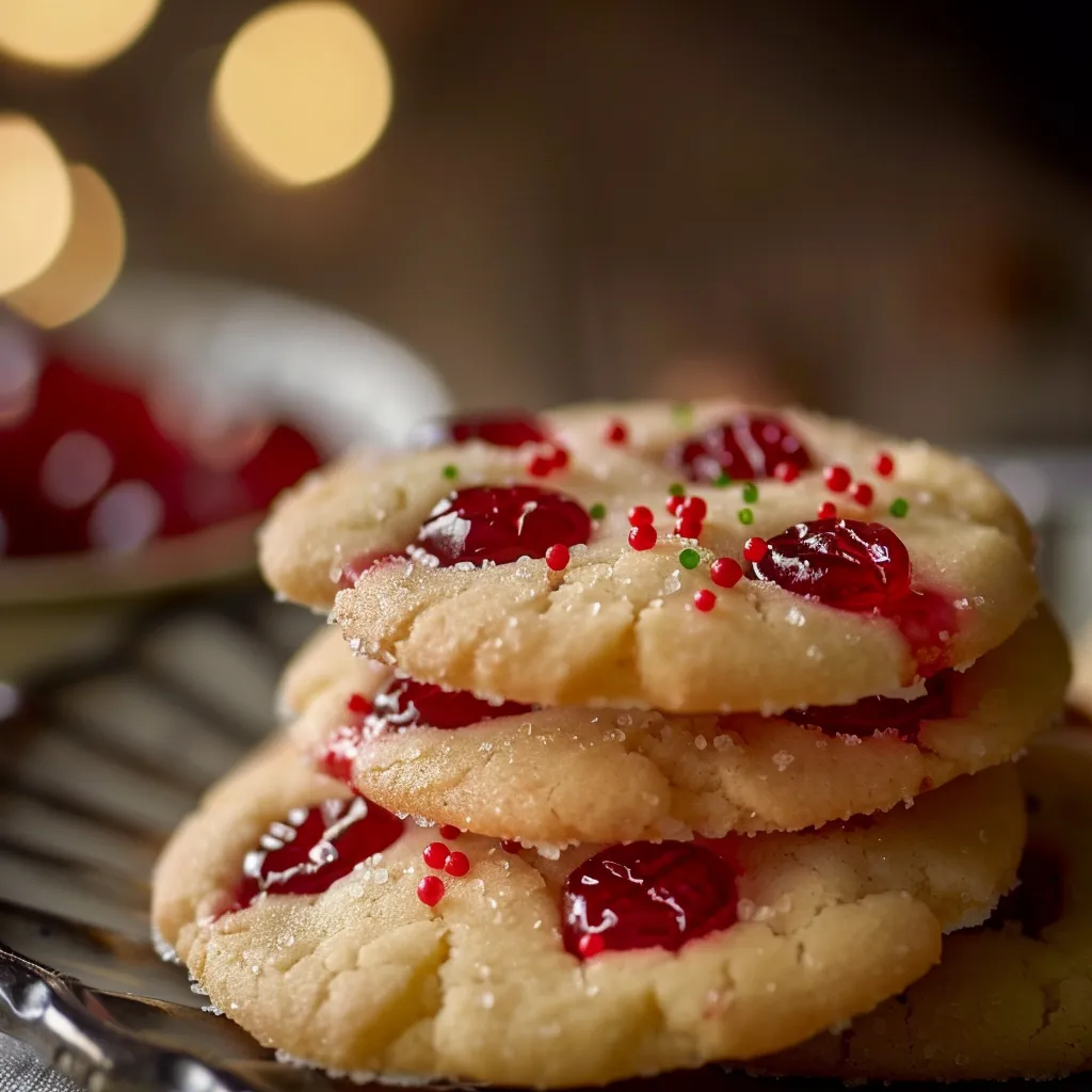 Delicious looking Maraschino Cherry Shortbread Cookies on a soft, blurred background.