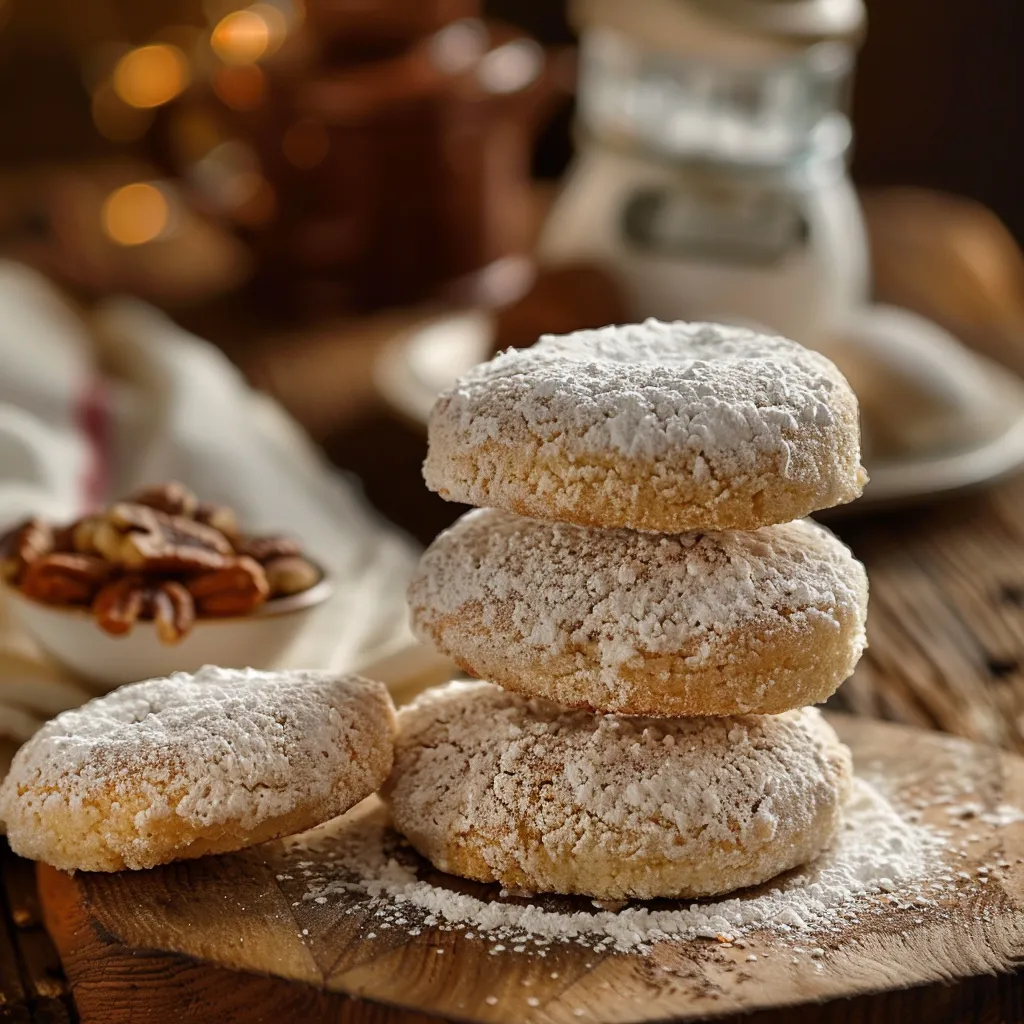 Soft-focus image of melt-in-your-mouth Russian Tea Cakes with warm lighting.