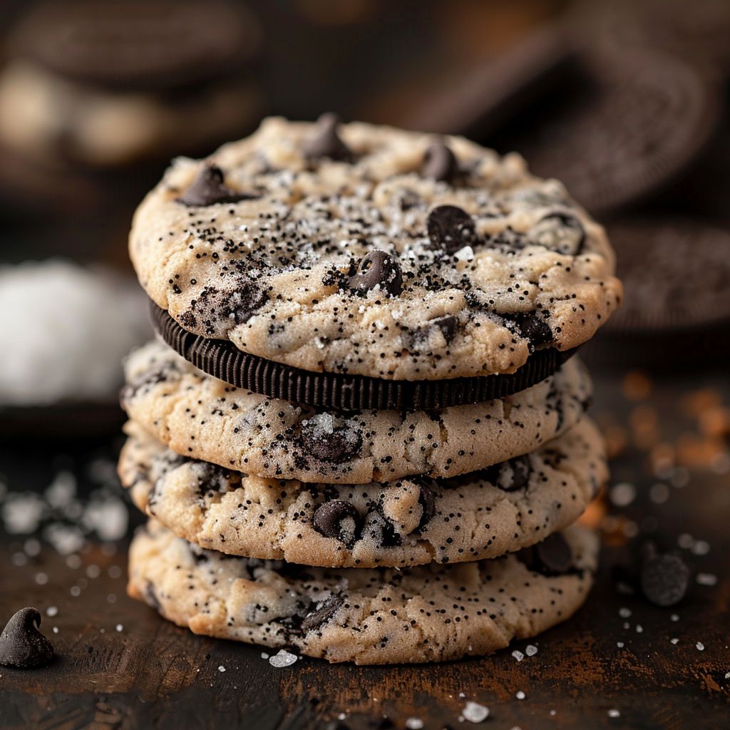 Close-up of a stack of Copycat Crumbl Oreo Cookies, showcasing their rich texture and chocolate chips.