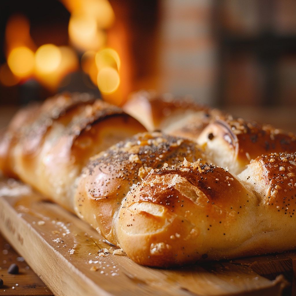 A close-up of various types of freshly baked breads displayed on a wooden surface.