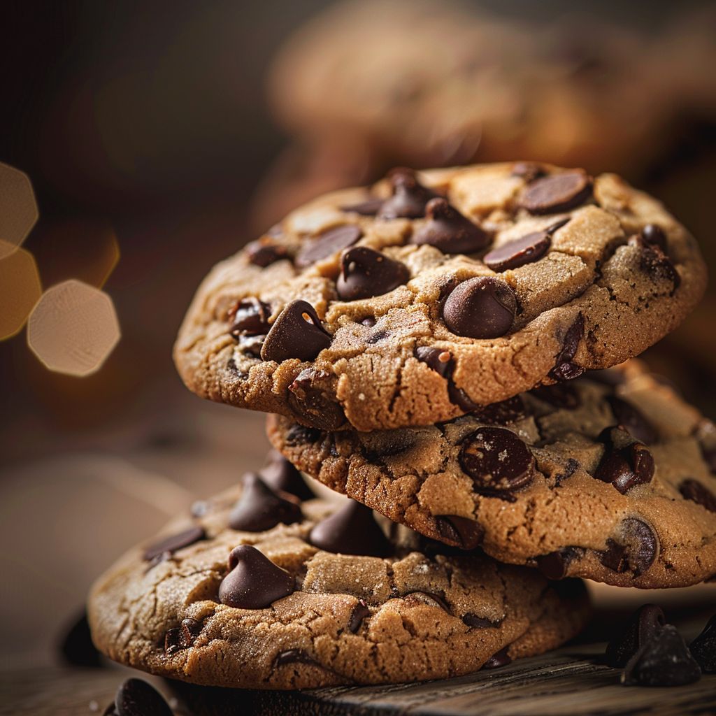 Close-up of freshly baked chocolate chip cookies with a warm, soft texture.