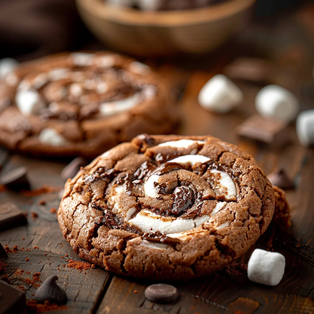 Detailed view of freshly baked chocolate cookies with a swirl of marshmallows.