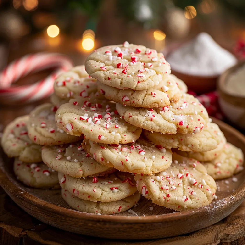 Warmly lit presentation of soft peppermint sugar cookies, showcasing their texture and festive spirit.