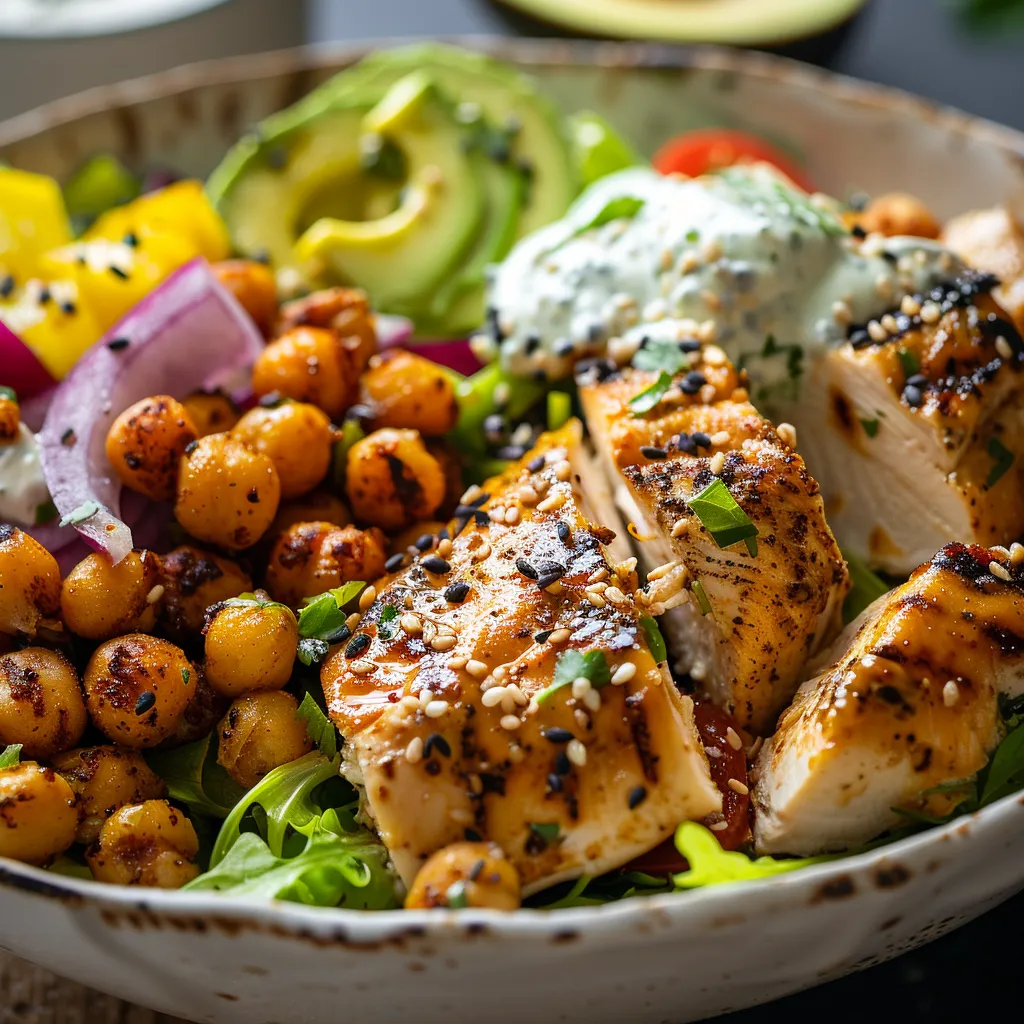 A detailed shot of a maple dijon salmon bowl, showcasing fresh greens, salmon, and a creamy sauce against a blurred background.