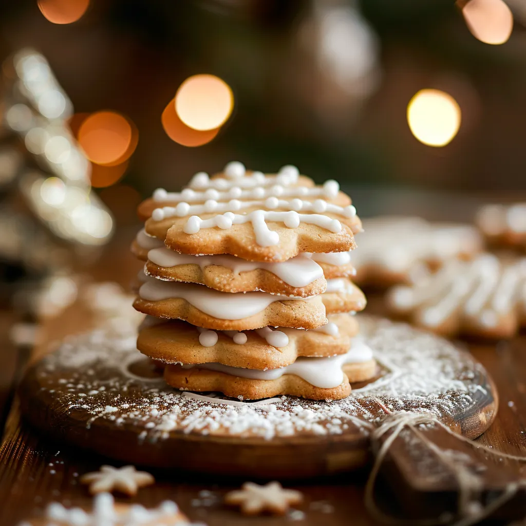 Elegant holiday cookies featuring intricate white decorations, designed for festive enjoyment.