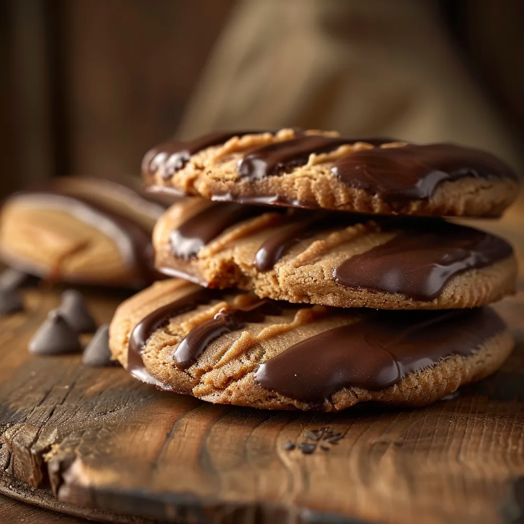 Warm chocolate dipped peanut butter cookies arranged on a surface, illuminated by soft natural light.