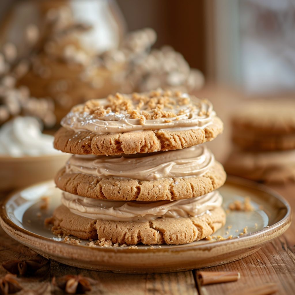 Close-up of frosted cookies with Biscoff spread, showcasing creamy frosting and a warm color palette.