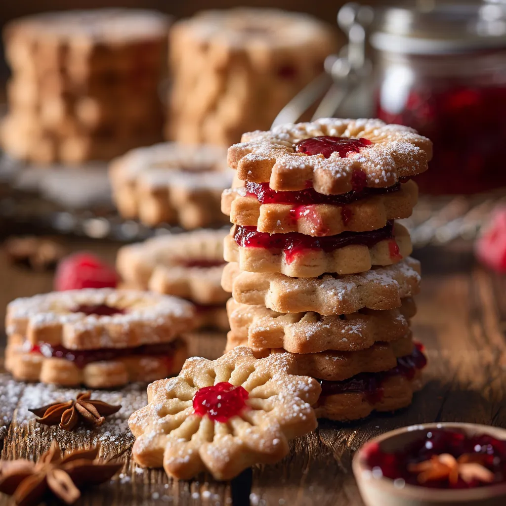 An inviting display of Shortbread Linzer Cookies with a raspberry jam center, captured in soft natural light.
