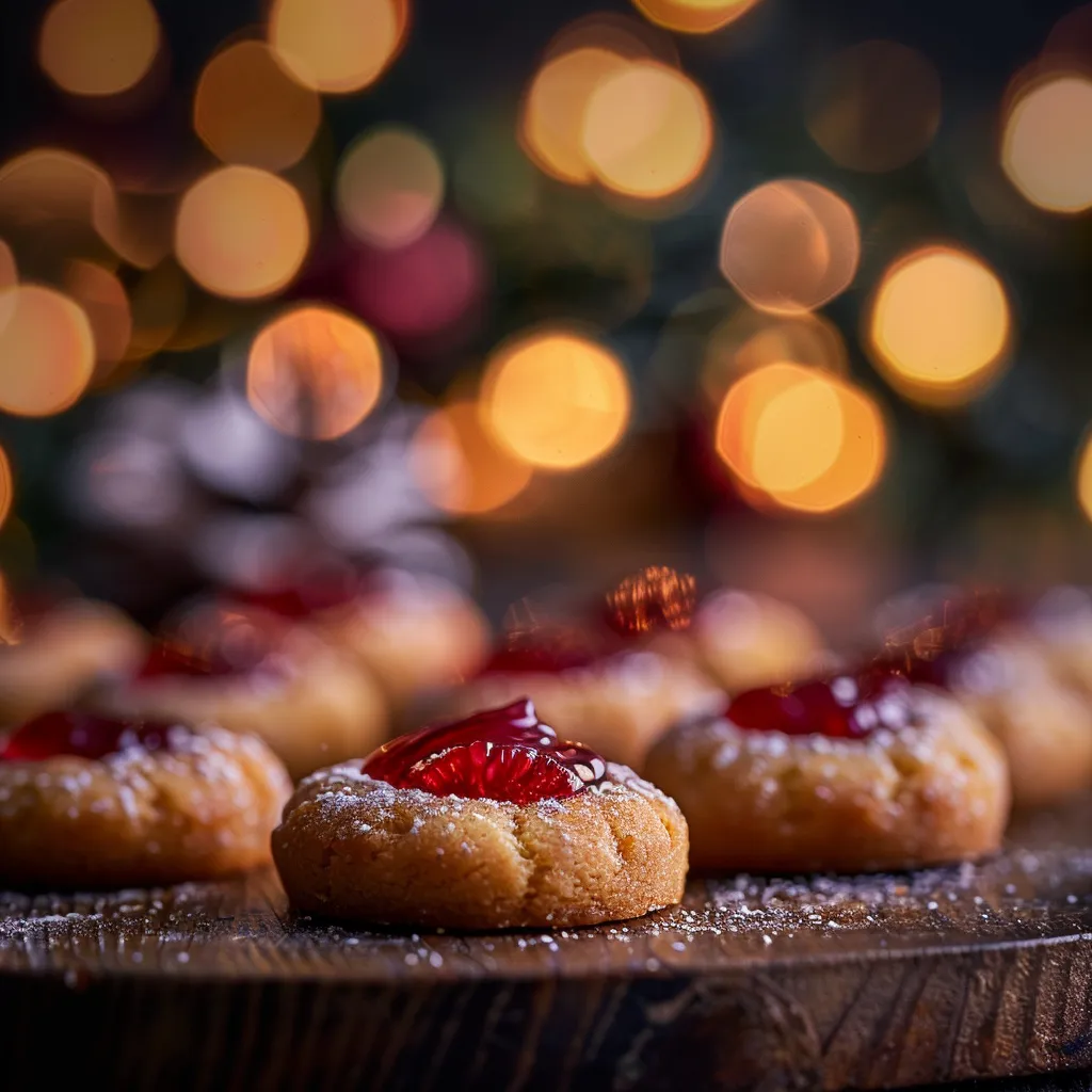 Eye-level view of thumbprint cookies filled with fruit preserves, illuminated by soft, natural light.