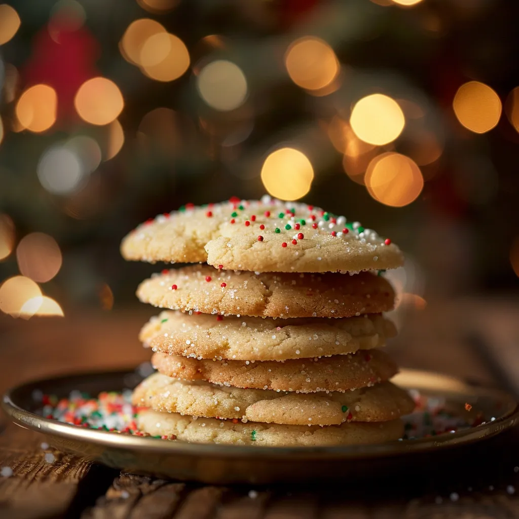 Eye-level view of charming Christmas Sugar Cookies, showcasing their festive decorations and warm lighting.