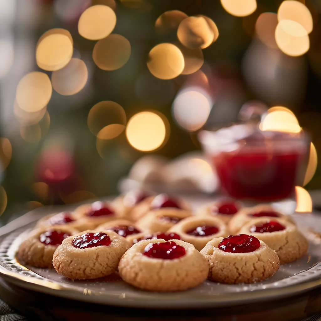 An inviting arrangement of Christmas Thumbprint Cookies with a blurred warm setting.