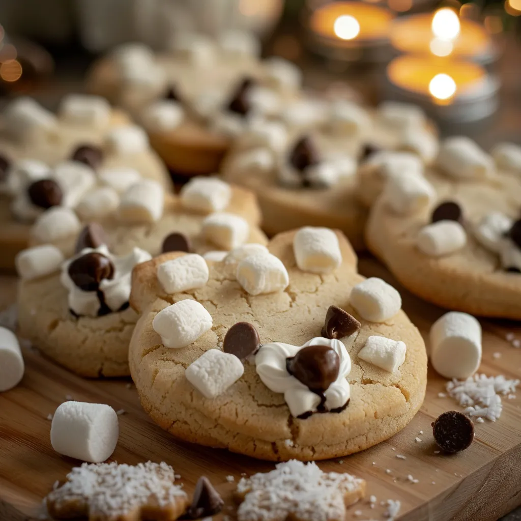 Detailed view of fluffy Polar Bear Cookies, featuring buttercream details and a warm, inviting background.
