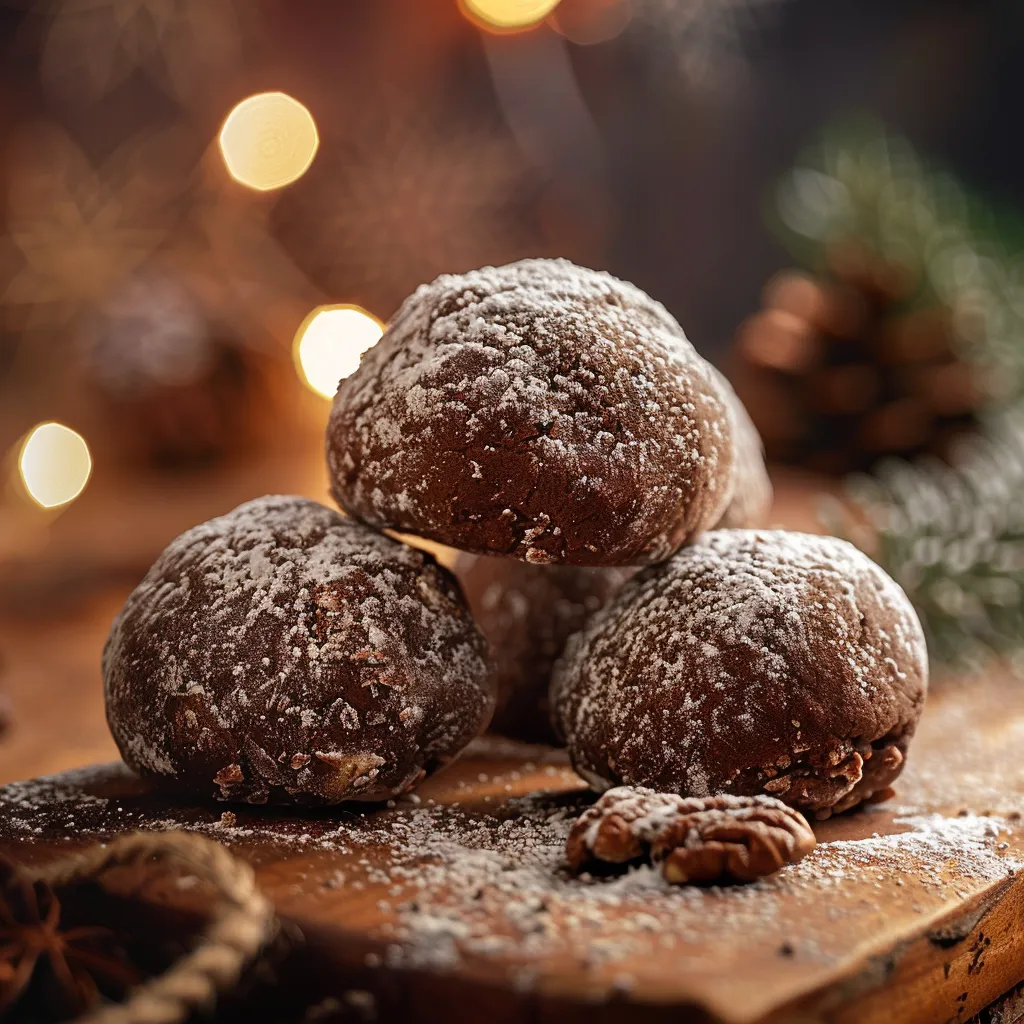 Delicious Chocolate Snowball Cookies arranged elegantly, highlighting their round shape and nutty bits.