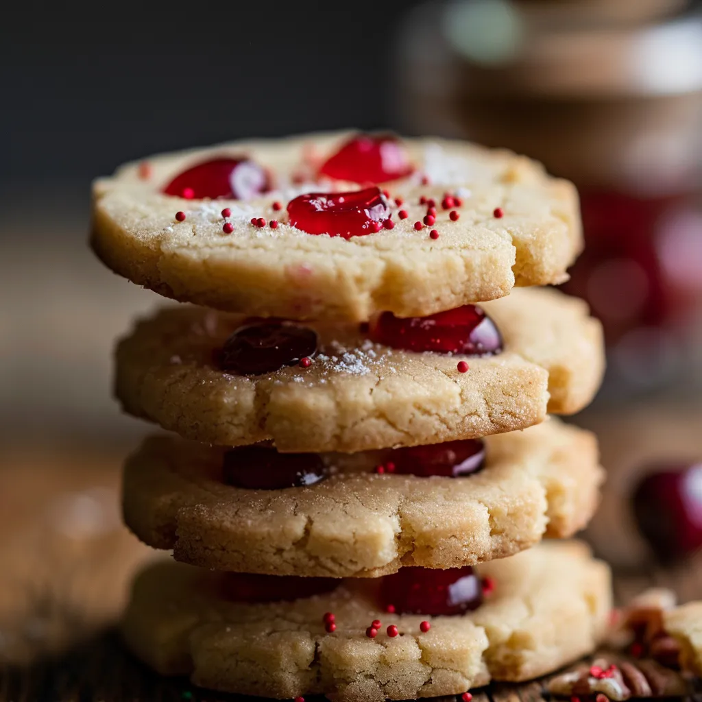 Eye-level view of festive Maraschino Cherry Shortbread Cookies with chopped cherries and nuts.