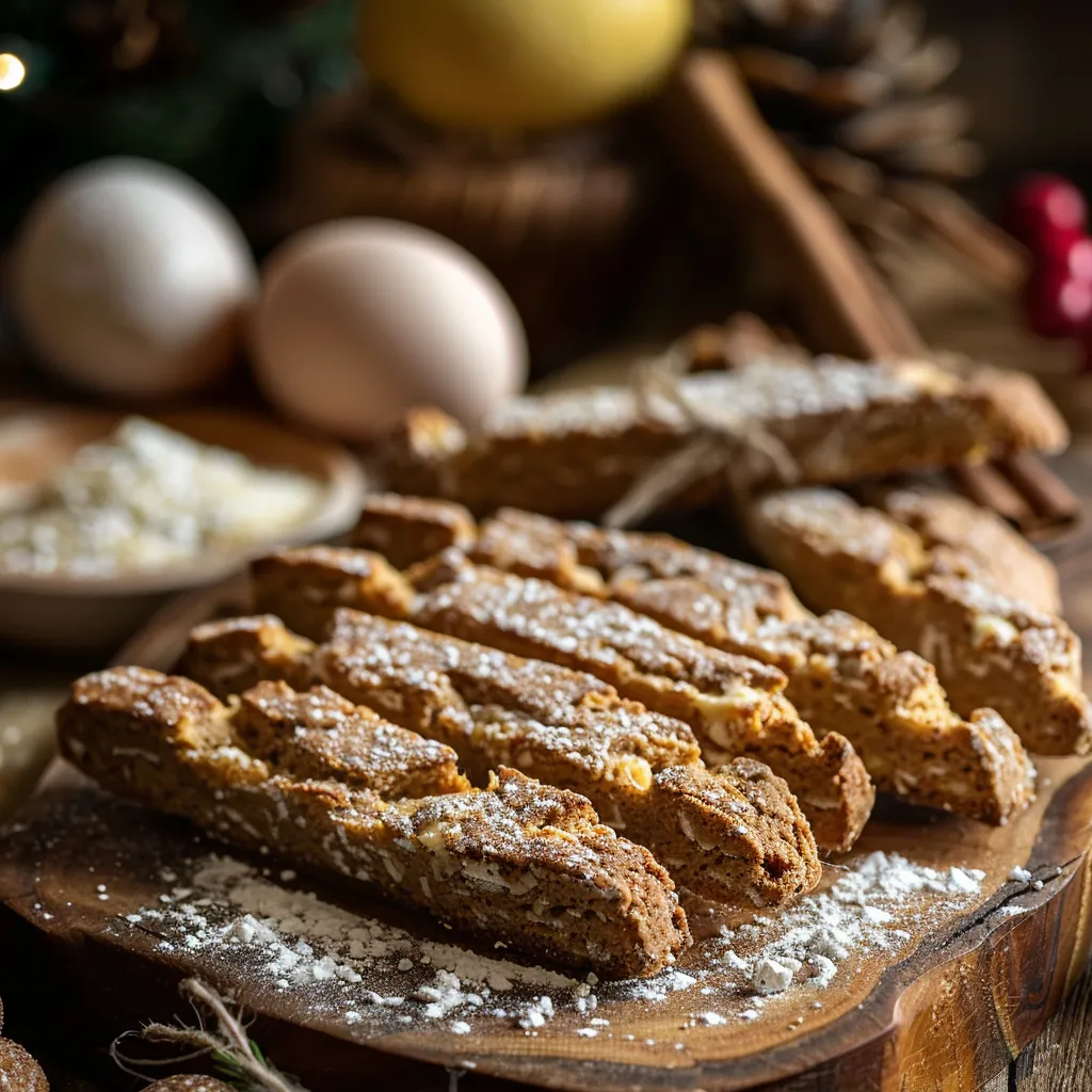 A beautifully arranged Biscotti di Natale with visible almond chunks and a dusting of powdered sugar.