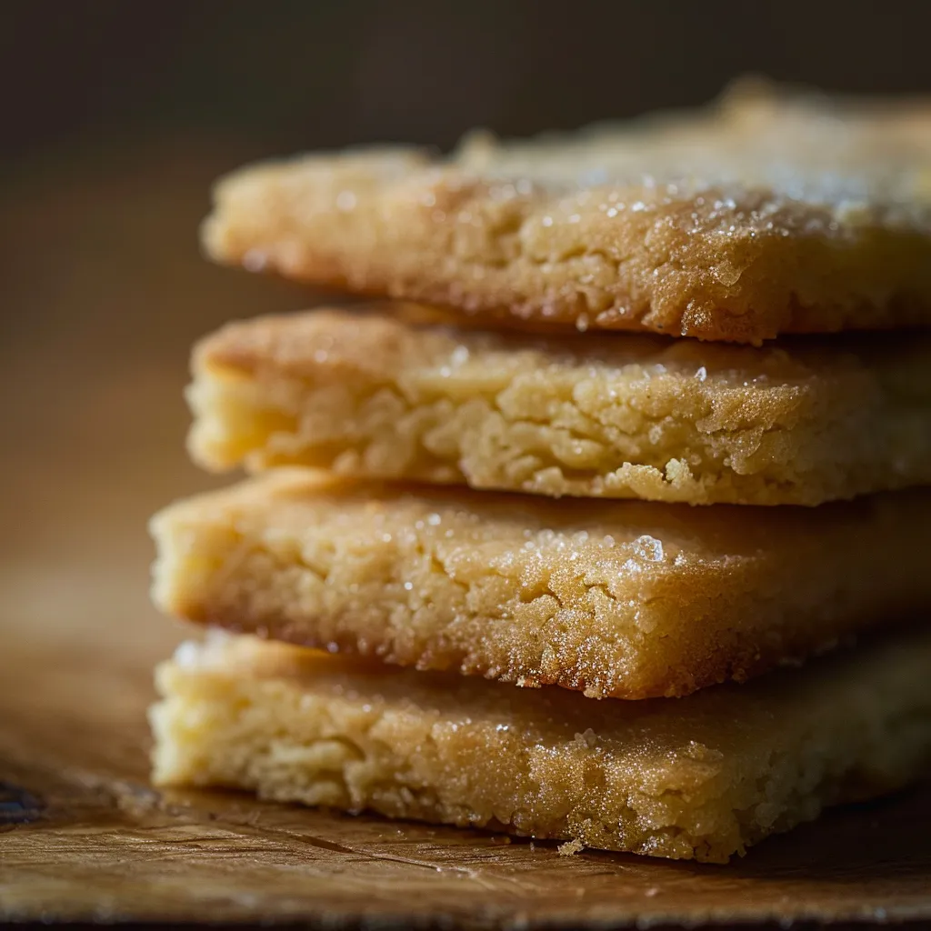 Detailed shot of a shortbread cookie, revealing its rich golden crust and soft interior surrounded by a blurred background.