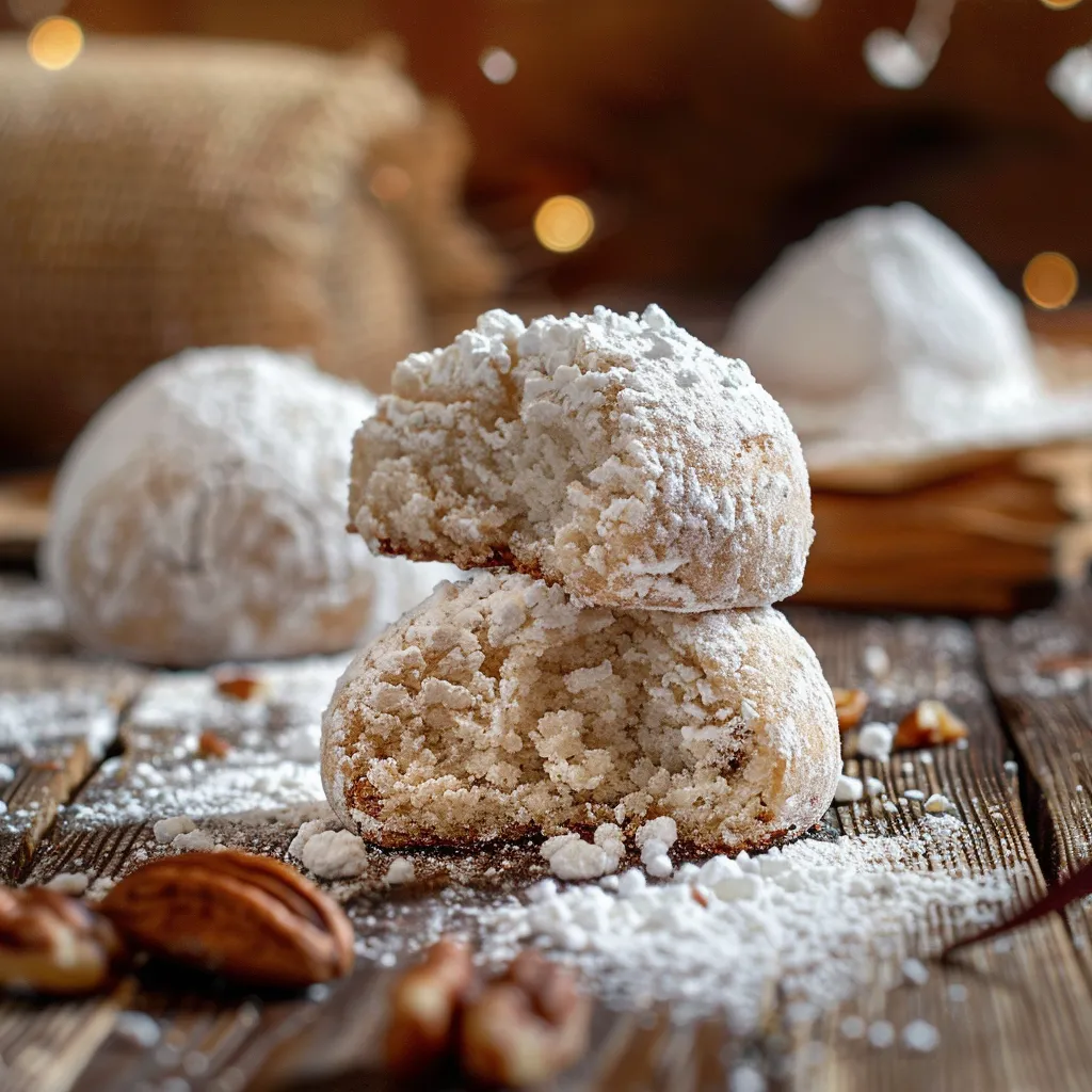 Delicious Russian Tea Cakes arranged elegantly, showcasing their texture and powdered sugar.